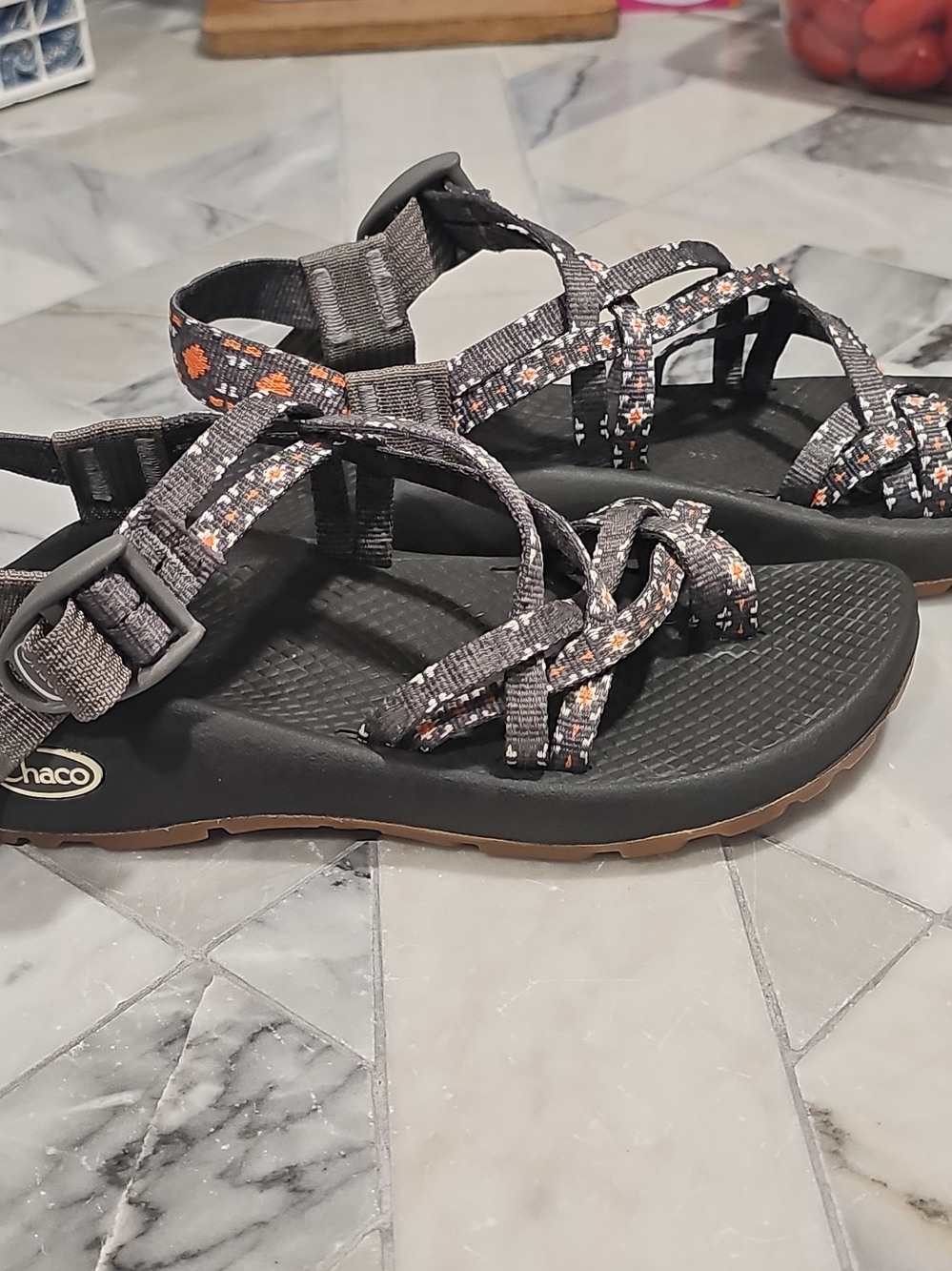 Chaco Creed Gray Women's Strappy Sandals with Orange Pattern